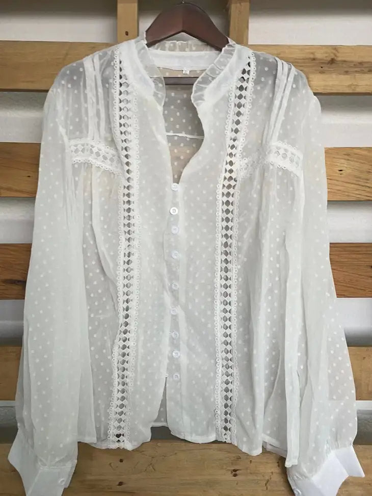 White Split V Neck Swiss Dot Lace Splicing Blouse