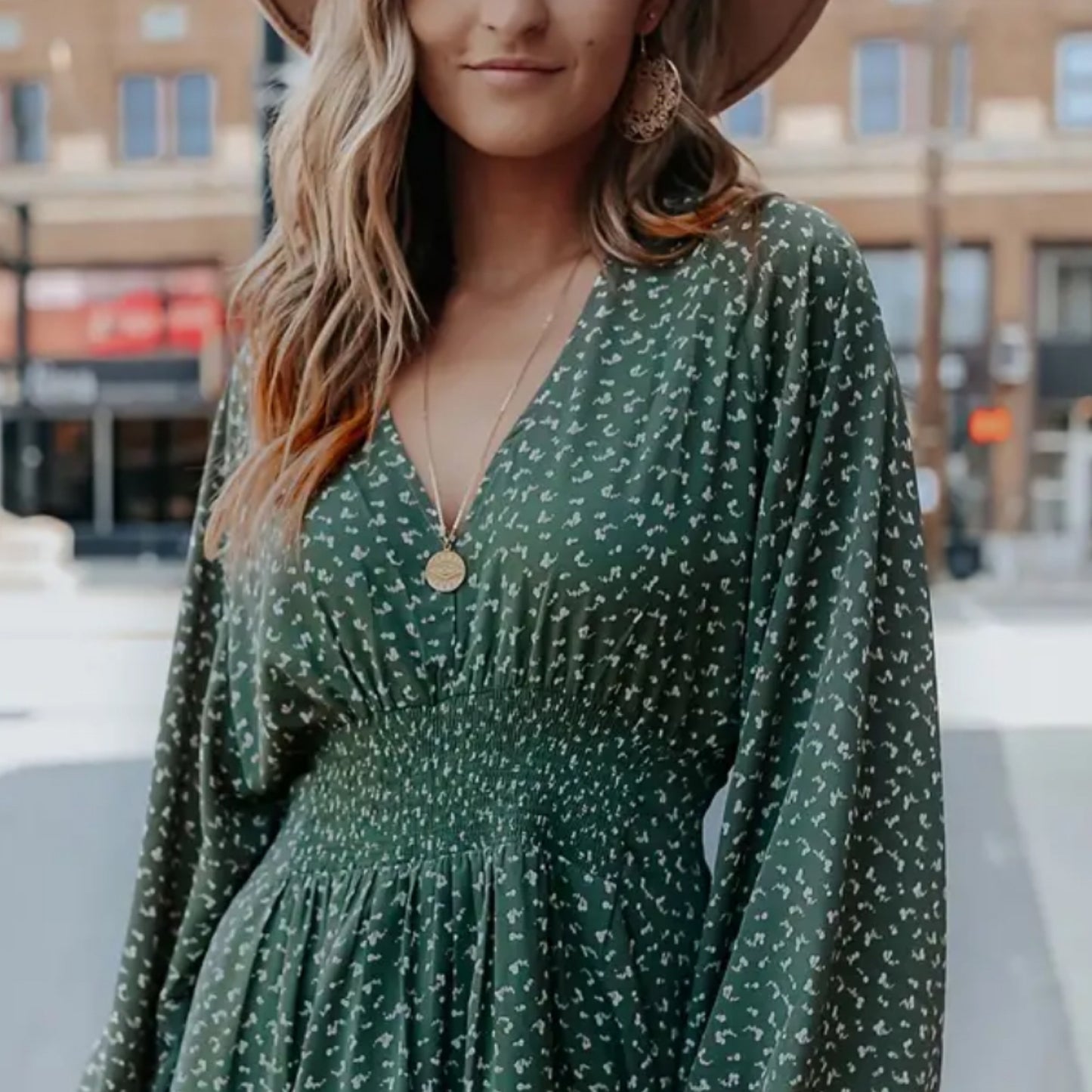 Daisy Green Print Long Sleeve V Neck Dress
