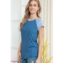 Solid Leopard Short Sleeve Spring Top Denim Blue