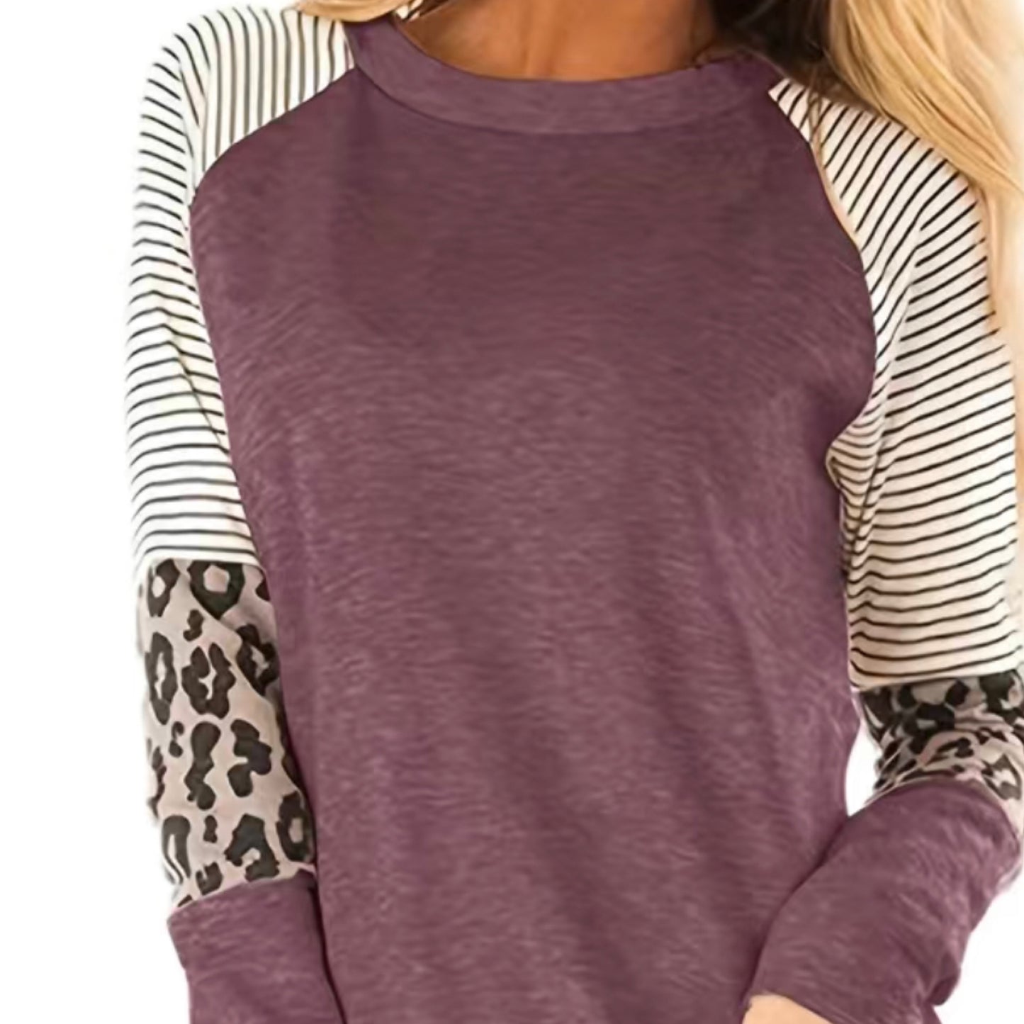 Leopard & Stripe Print Crew Neck Long Sleeve Shirt
