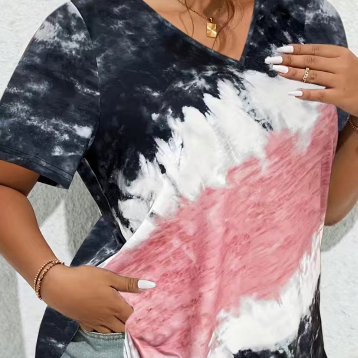 Tie Dye Short Sleeve V Neck Top