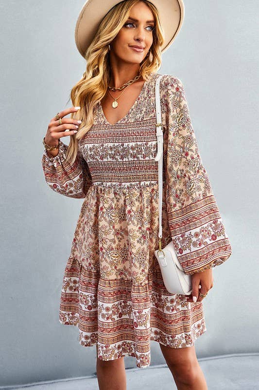 Patterned Loose Sleeve Midi Dress