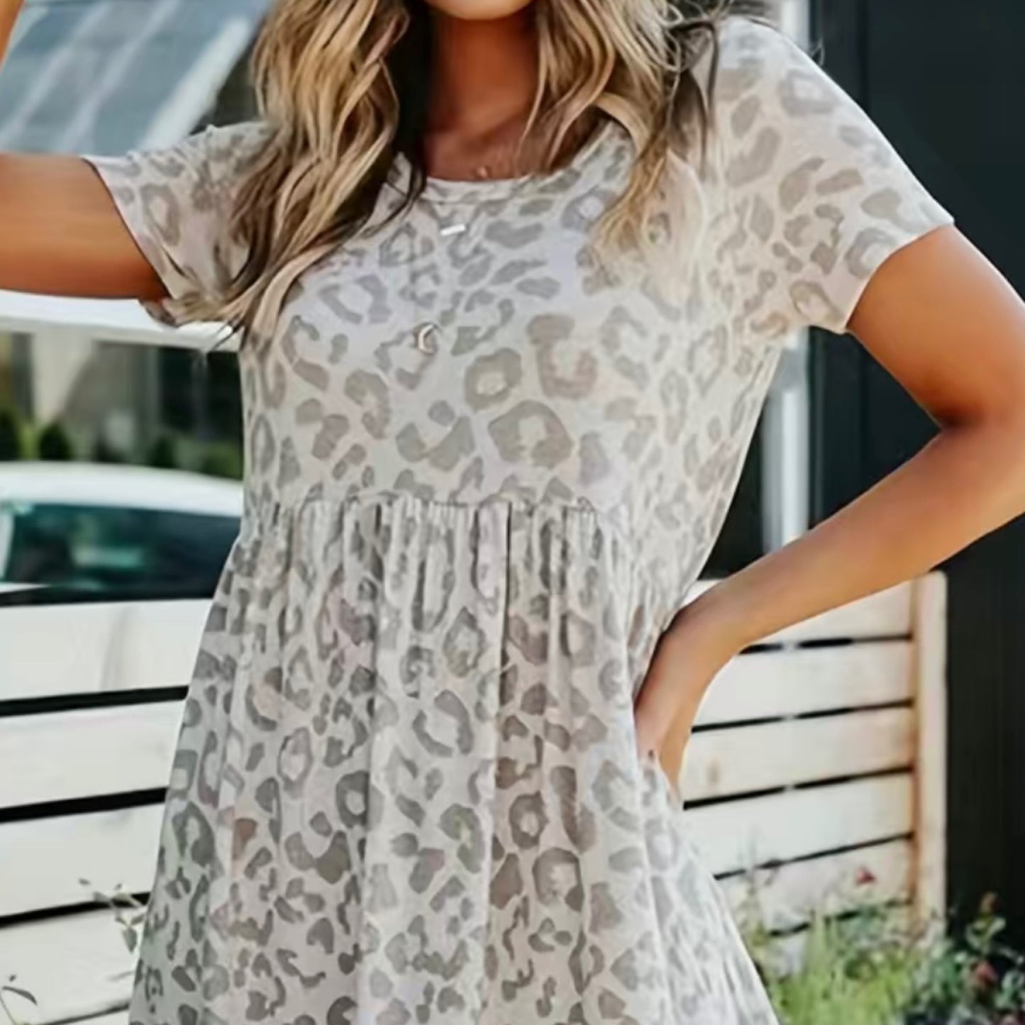 Leopard Print Crew Neck Dress